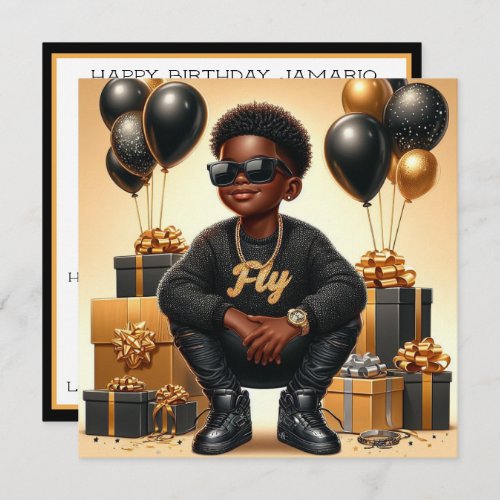 Stylish African American Boy BlackGold Birthday Holiday Card