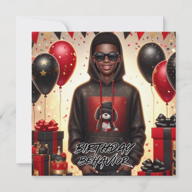 Stylish African American Boy Black/Red Birthday Card (Front)