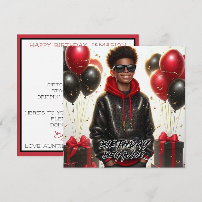 Stylish African American Boy Black/Red Birthday Card (Front/Back)