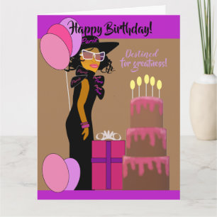 Stylish African American Daughter & Cake Birthday Card