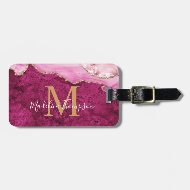 Stylish Agate Geode Pink Magenta Monogram Luggage Tag (Front Horizontal)