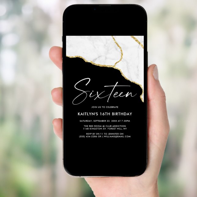 Stylish Agate & Marble 16th Birthday Invitation (Front Digital)