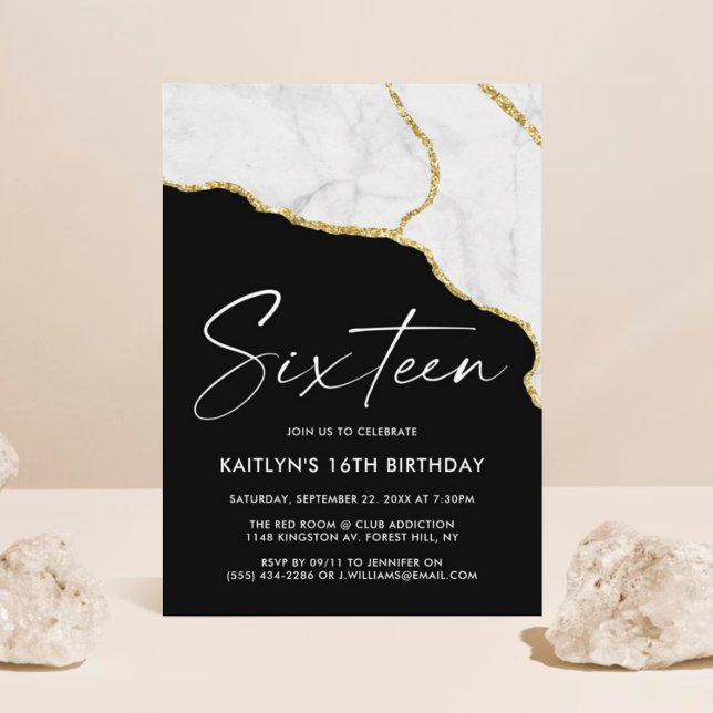 Stylish Agate & Marble 16th Birthday Invitation