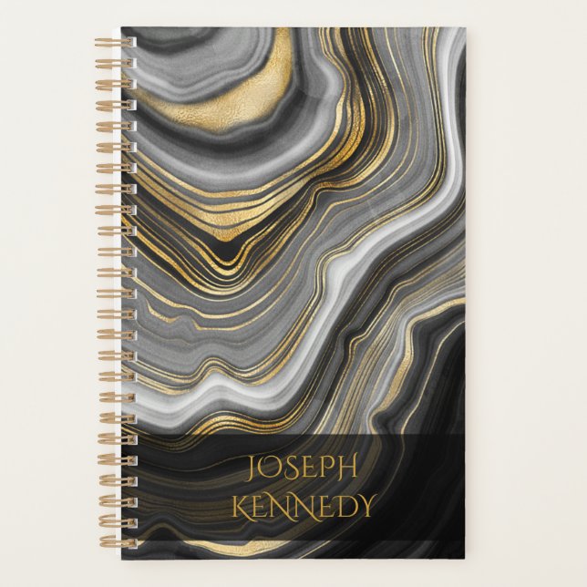 Stylish Agate with Black and Gold Marble Planner (Front)