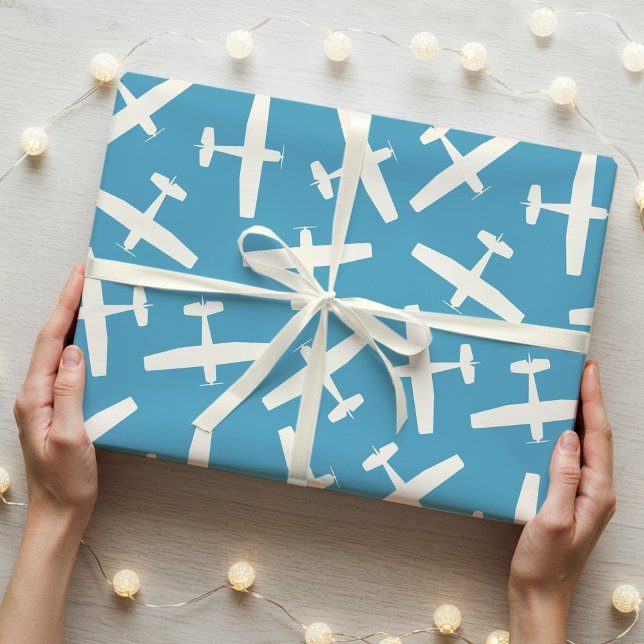 Stylish Aircraft Retro Plain Birthday Pattern Blue Wrapping Paper (Creator Uploaded)