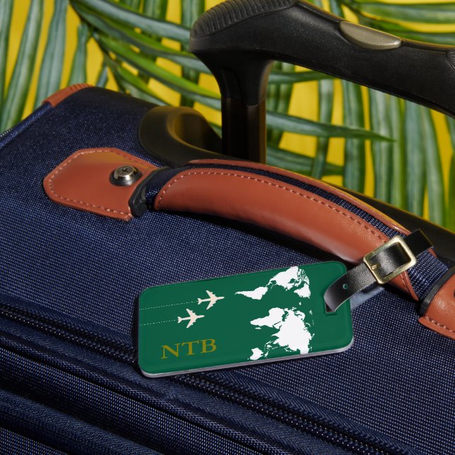 Stylish Airplane Traveler Monogrammed hunter-green Luggage Tag (Front Insitu 3)