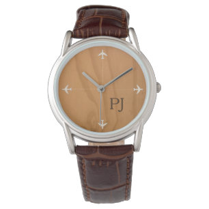 stylish airplanes with initials, brown watch