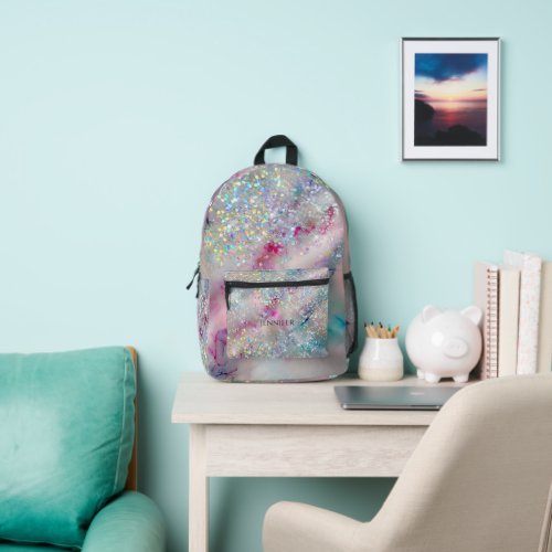 Stylish Alcohol Ink Holographic Glitter Girly Printed Backpack