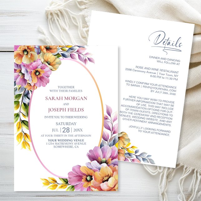 Stylish All in One Pink and Orange Floral Wedding  Invitation (Creator Uploaded)