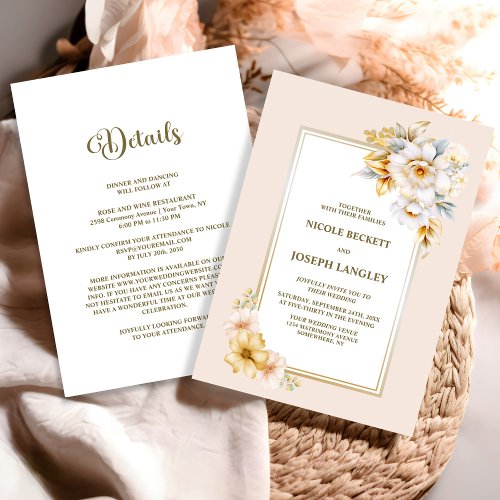 Stylish All In One White Gold Floral Wedding Invitation