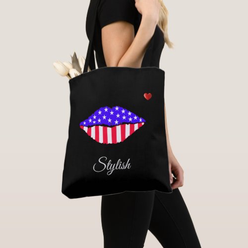 Stylish American flag lips  calligraphy on black Tote Bag