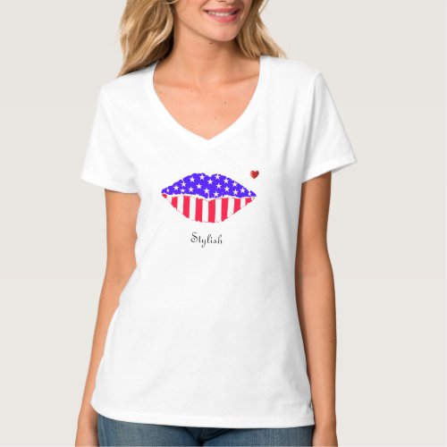 Stylish American flag lips with heart T_Shirt