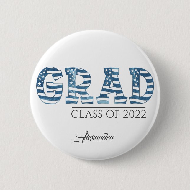 Stylish American USA Flag Custom Text Graduation Button (Front)
