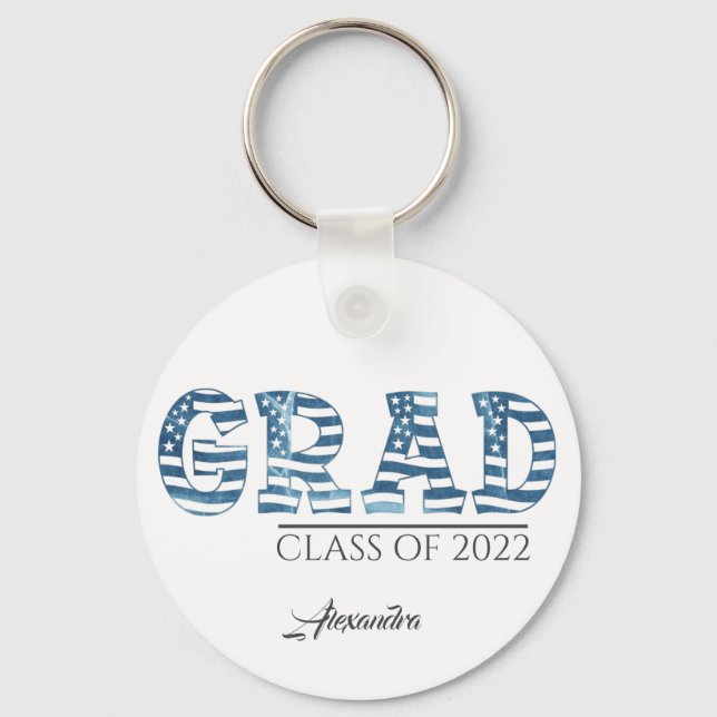 Stylish American USA Flag Custom Text Graduation Keychain (Front)