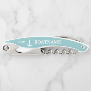 Stylish Anchor Logo Aqua White Custom Boat Name Waiter's Corkscrew