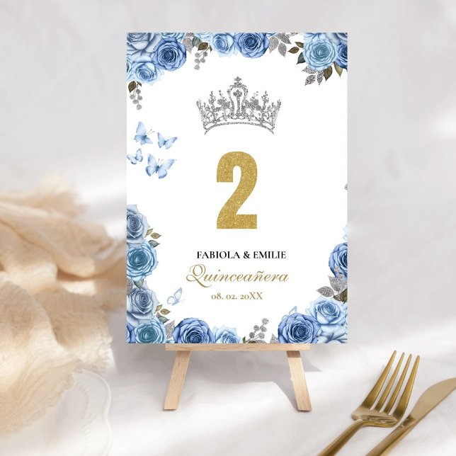 Stylish and chic dusty blue and  gold quinceanera  table number (Creator Uploaded)