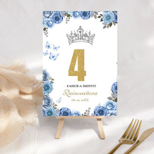 Stylish and chic dusty blue and  gold quinceanera  table number