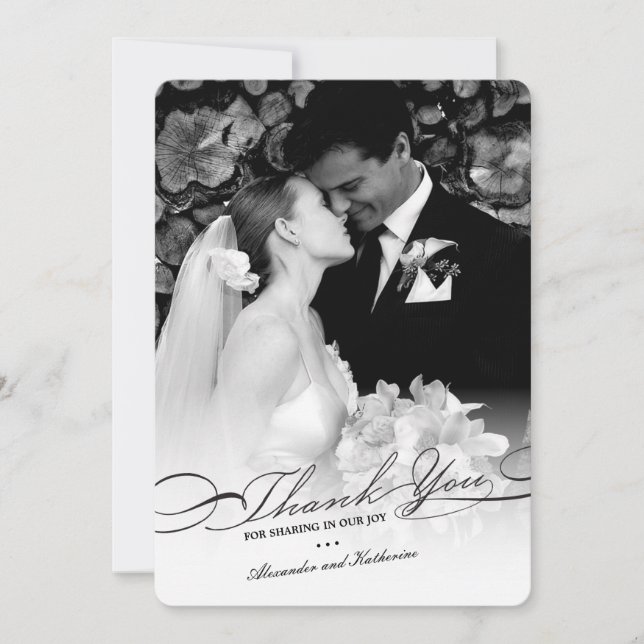Stylish And Elegant Script Photo Simple Wedding Thank You Card (Front)