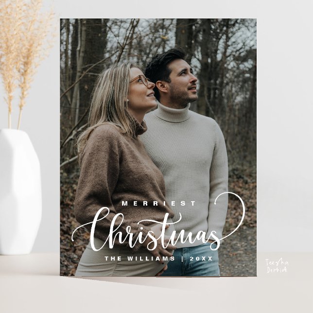 Stylish and Rustic, Merry Christmas Family Photo Postcard (Stylish and Rustic, Modern Merry Christmas Family Photo Postcard in Grey and White)