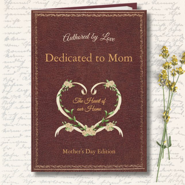 Stylish and Unique Mother's Day Storybook Photo Card (Heirloom Brown Printed Leather Storybook Mother's Day Card. Vintage Cover with Heart Wreath.)