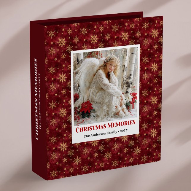 Stylish Angel Poinsettia Red Gold Editable Xmas 3 Ring Binder (Stylish Angel Poinsettia Red Gold Editable Christmas Memory Album

)