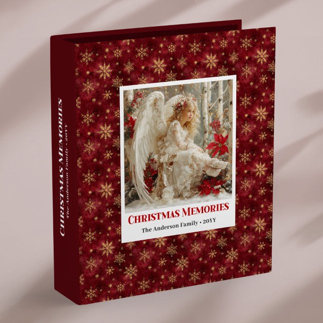 Stylish Angel Poinsettia Red Gold Editable Xmas 3 Ring Binder (Stylish Angel Poinsettia Red Gold Editable Christmas Memory Album

)