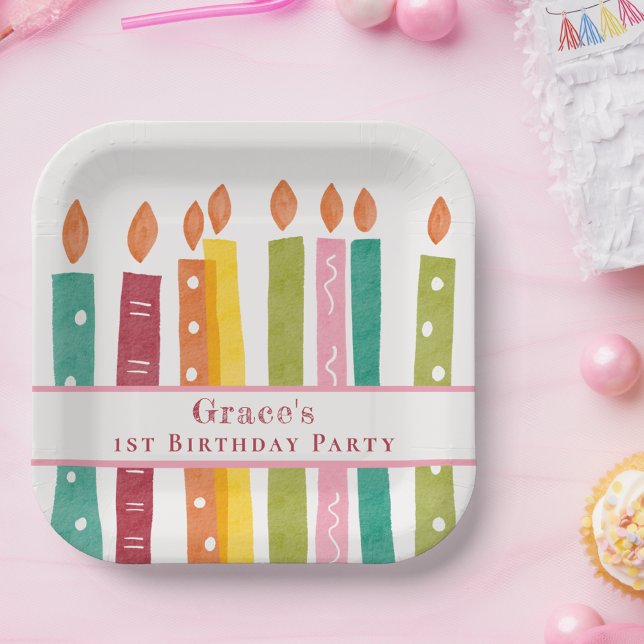 Stylish Any Age Watercolor Birthday Candles Paper Plates (Creator Uploaded)