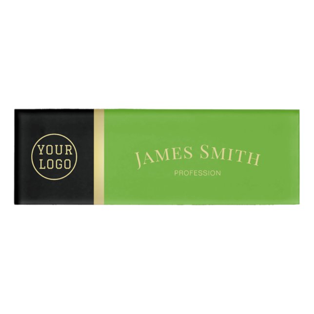 Stylish Apple Green Black Luxury Logo Name Tag (Front)