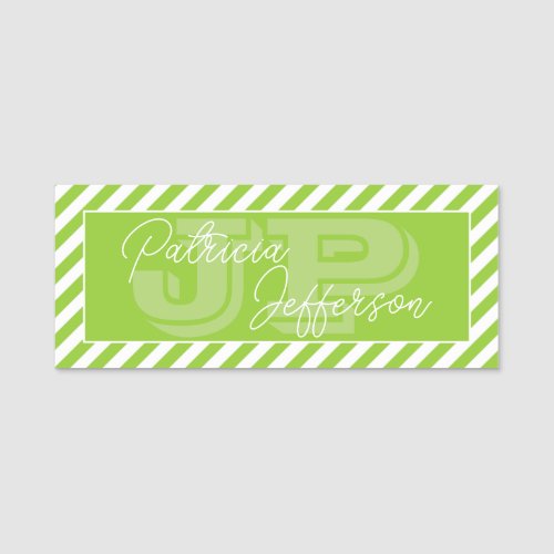 Stylish Apple Green White Striped Unique Monogram Name Tag