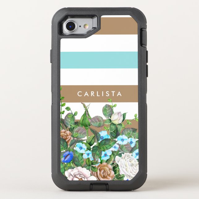 Stylish Aqua and Tan Floral and Stripes With Name Otterbox iPhone Case (Back)