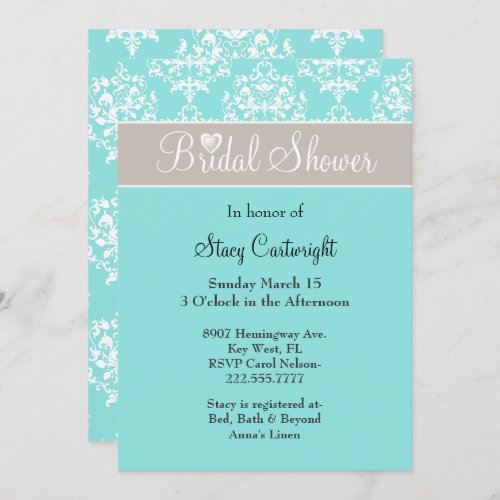 Stylish Aqua and Taupe Bridal Shower Invitation