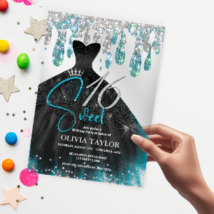 Stylish aqua blue black dress sweet 16 monogram acrylic invitations