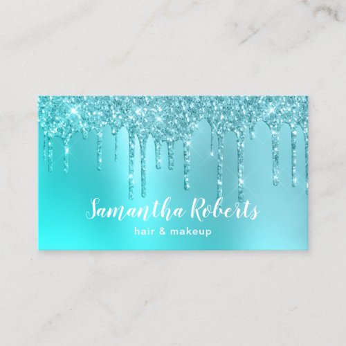 Stylish aqua blue mint glitter drips hair  makeup business card