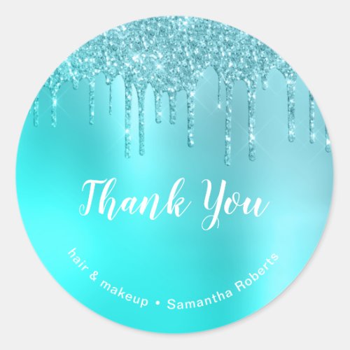 Stylish aqua blue mint glitter drips hair  makeup classic round sticker