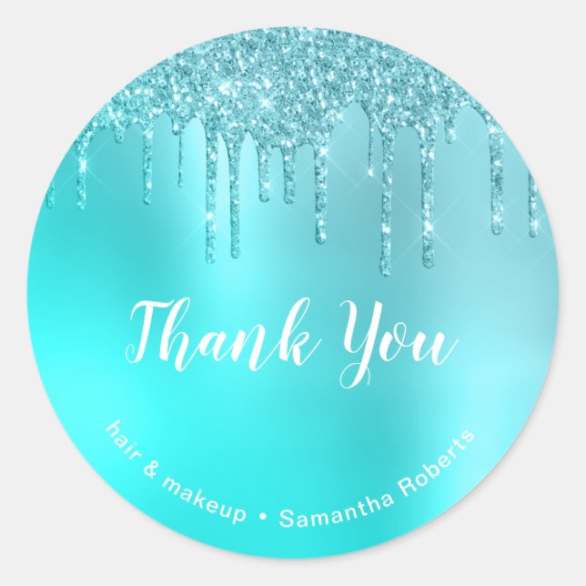 Stylish aqua blue mint glitter drips hair & makeup classic round sticker (Front)