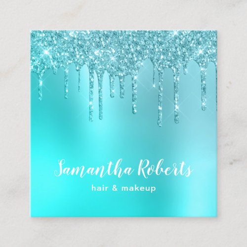 Stylish aqua blue mint glitter drips hair  makeup square business card