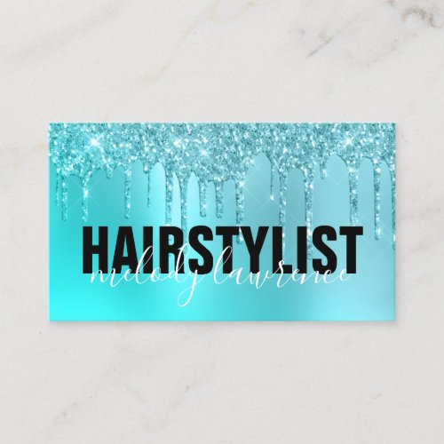 Stylish aqua blue mint glitter drips hairstylist business card