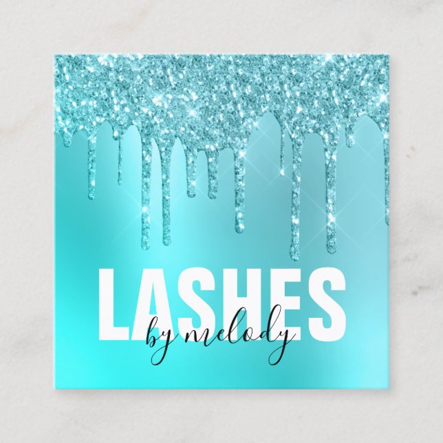 Stylish aqua blue mint glitter drips lashes square business card (Front)