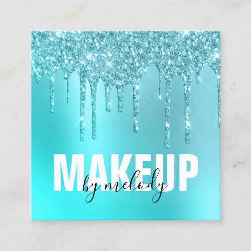 Stylish aqua blue mint glitter drips makeup artist square business card
