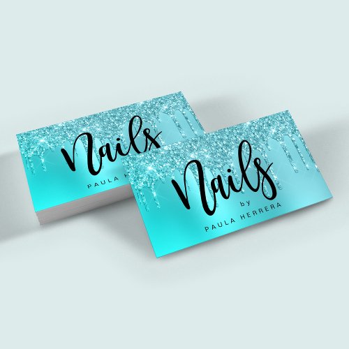 Stylish aqua blue mint glitter drips nails  business card