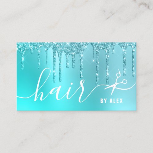 Stylish aqua blue mint glitter drips scissors hair business card