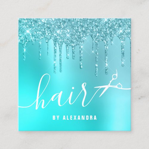 Stylish aqua blue mint glitter drips scissors hair square business card