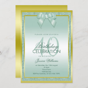 Stylish Aqua Bow & Sparkly Glitter 40th Birthday Invitation