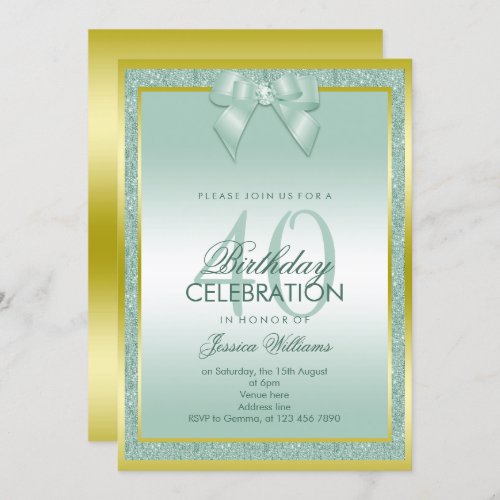 Stylish Aqua Bow  Sparkly Glitter 40th Birthday Invitation