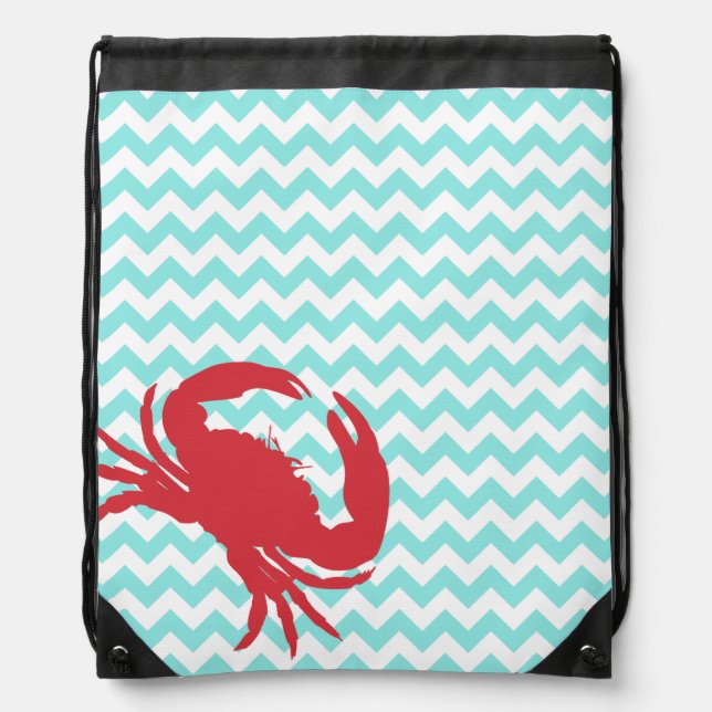 Stylish Aqua Chevron and Crab Drawstring Backpack (Front)