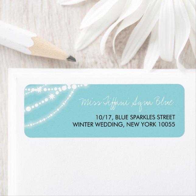 Stylish Aqua Sparkles Glow Strands Wedding Address Label (Insitu)