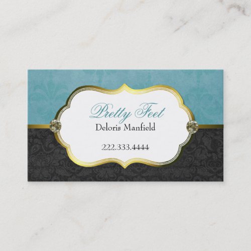 Stylish Aquamarine and Black Damask Business Card