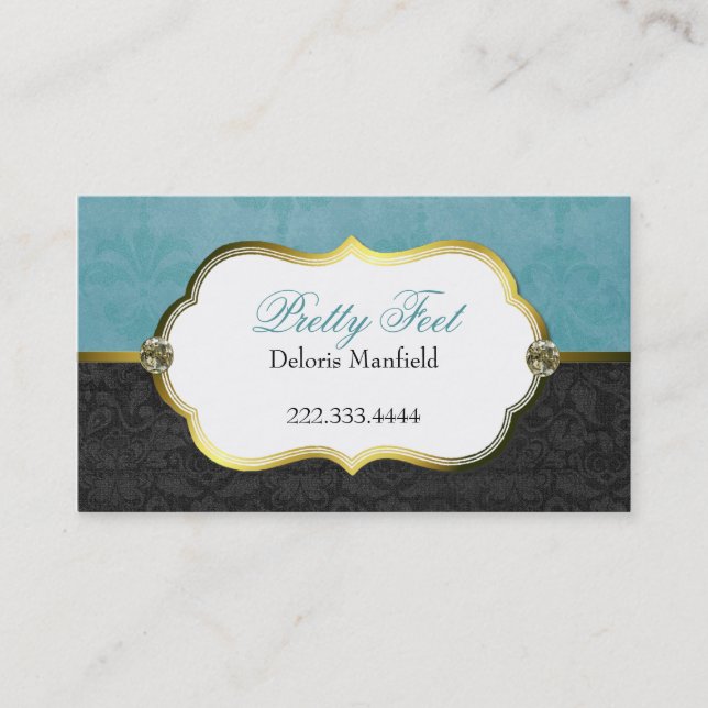 Stylish Aquamarine and Black Damask Business Card (Front)