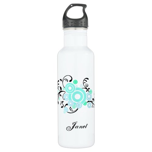 Stylish Aquamarine and Black Flourish Stainless Steel Water Bottle