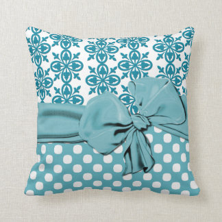 Stylish Aquamarine and White Damask Pillow